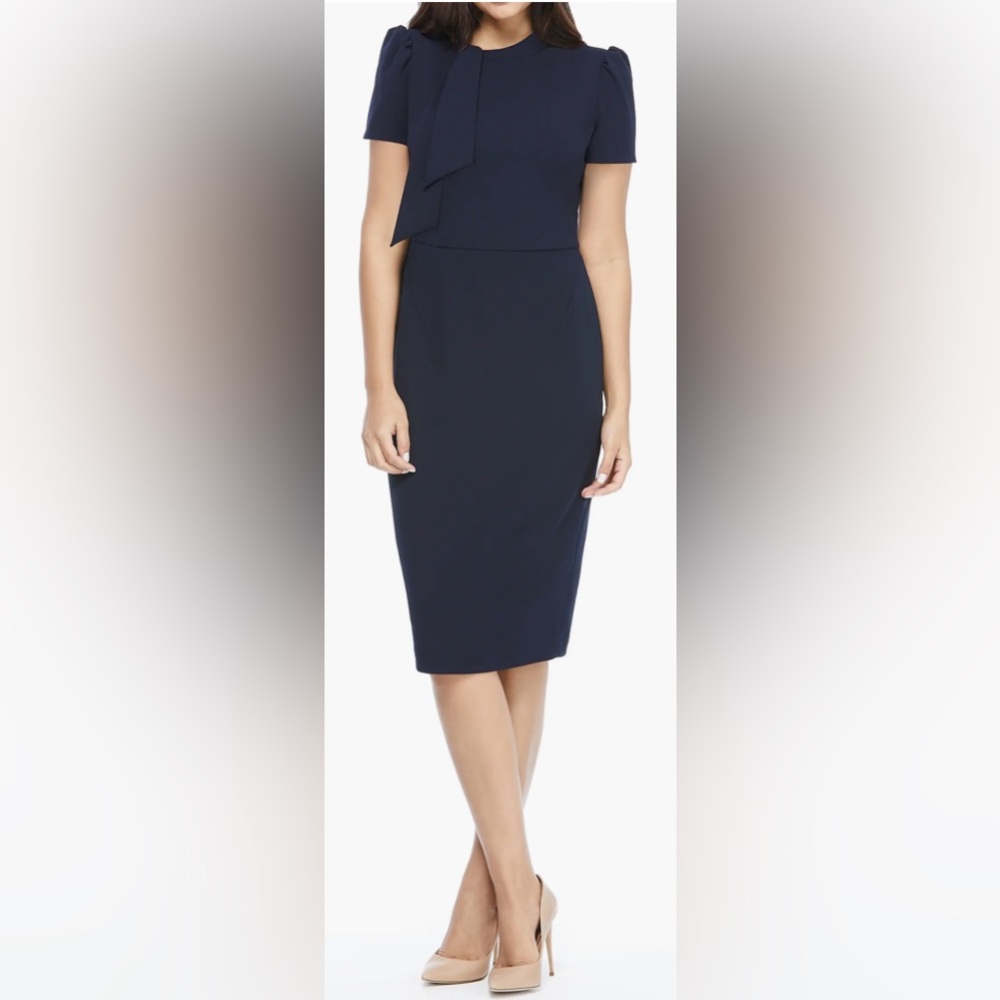 NEW Maggy London Petite Tie Neck Puff Sleeve Scuba Crepe Dress- 8P/Twilight navy